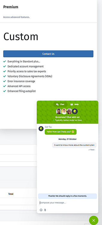 Custom plan - chat with Sidr Support