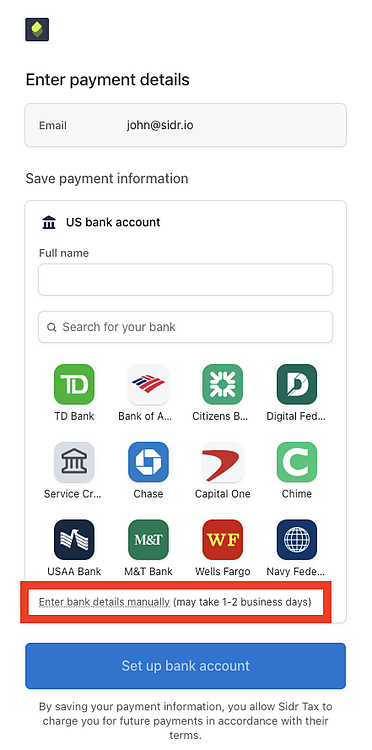 Add a bank account manually